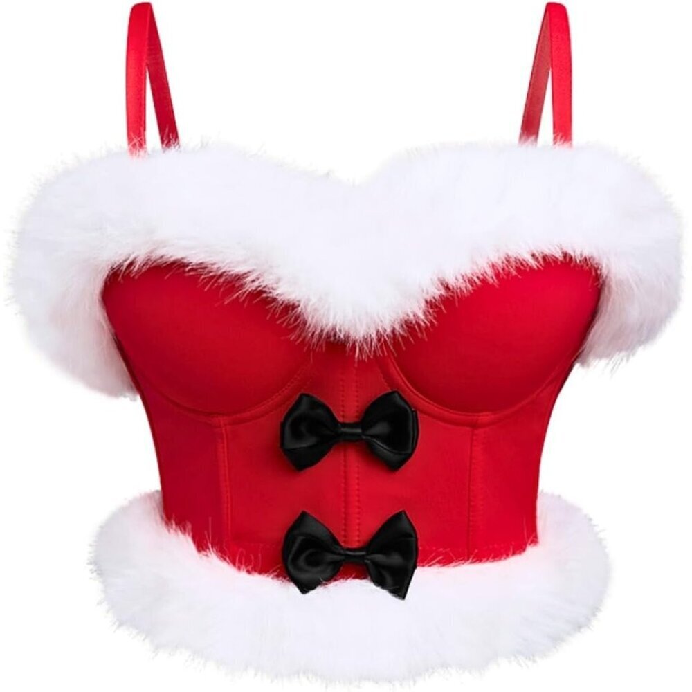 Women First Red Christmas Faux Fur Santa Corset Bow Bustier Crop Top